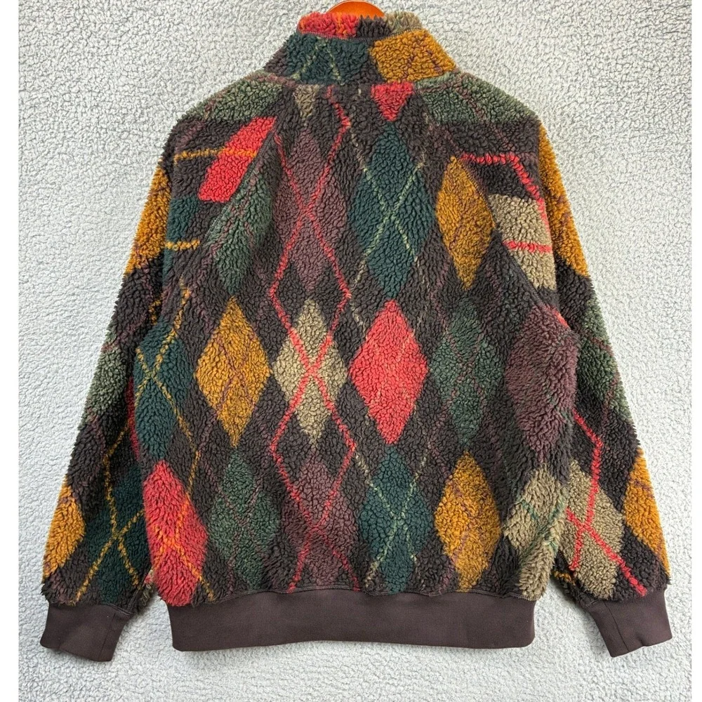 J.Crew Nordic Sherpa Fleece Jacket Mens L Brown Argyle Full Zip Warm Gorpcore